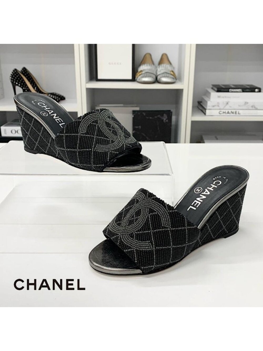 Chanel CC Logo Beaded Wedge Sole Sandals Black
